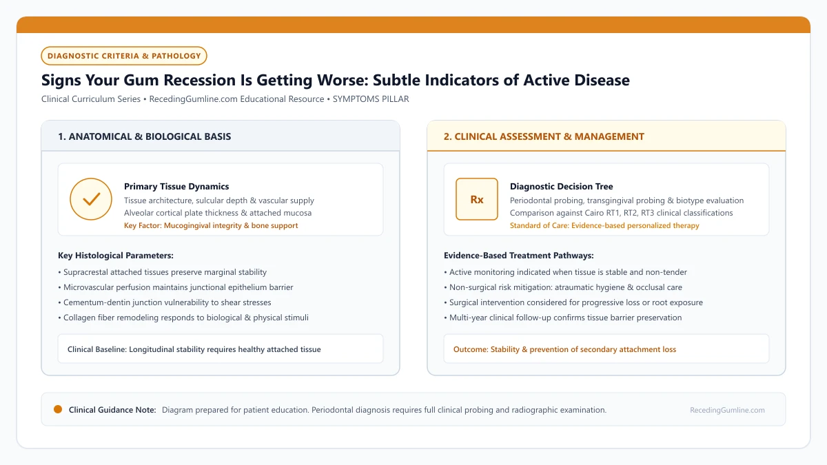 Educational diagram illustrating signs your gum recession is getting worse: subtle indicators of active disease, highlighting clinical tissue dynamics, anatomical landmarks, and evidence-based considerations.