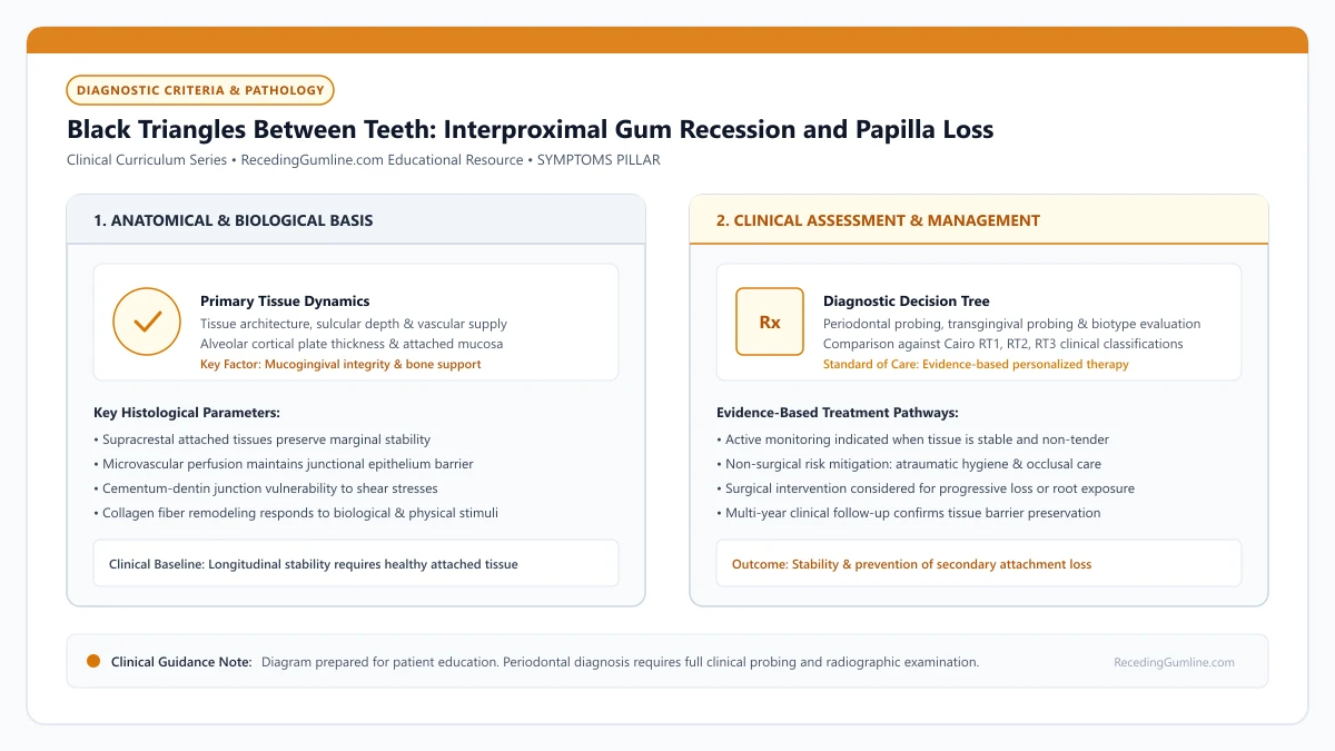 Educational diagram illustrating black triangles between teeth: interproximal gum recession and papilla loss, highlighting clinical tissue dynamics, anatomical landmarks, and evidence-based considerations.