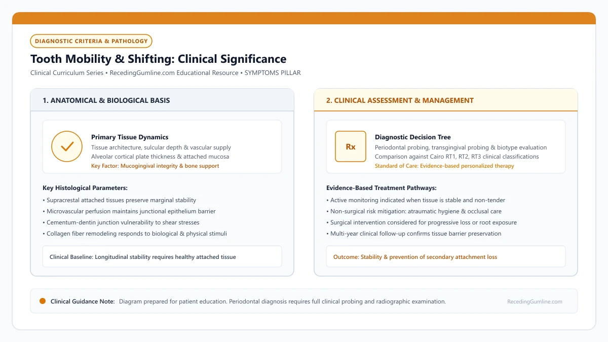 Educational diagram illustrating tooth mobility & shifting: clinical significance, highlighting clinical tissue dynamics, anatomical landmarks, and evidence-based considerations.