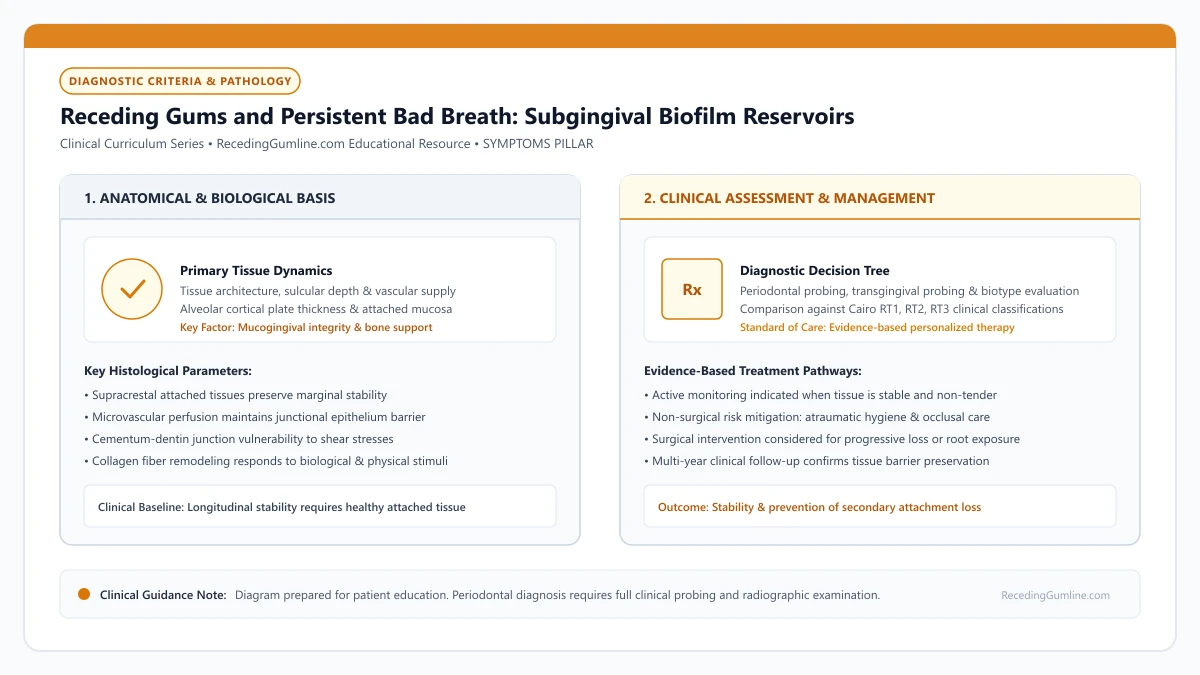 Educational diagram illustrating receding gums and persistent bad breath: subgingival biofilm reservoirs, highlighting clinical tissue dynamics, anatomical landmarks, and evidence-based considerations.