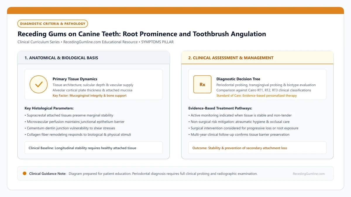 Educational diagram illustrating receding gums on canine teeth: root prominence and toothbrush angulation, highlighting clinical tissue dynamics, anatomical landmarks, and evidence-based considerations.
