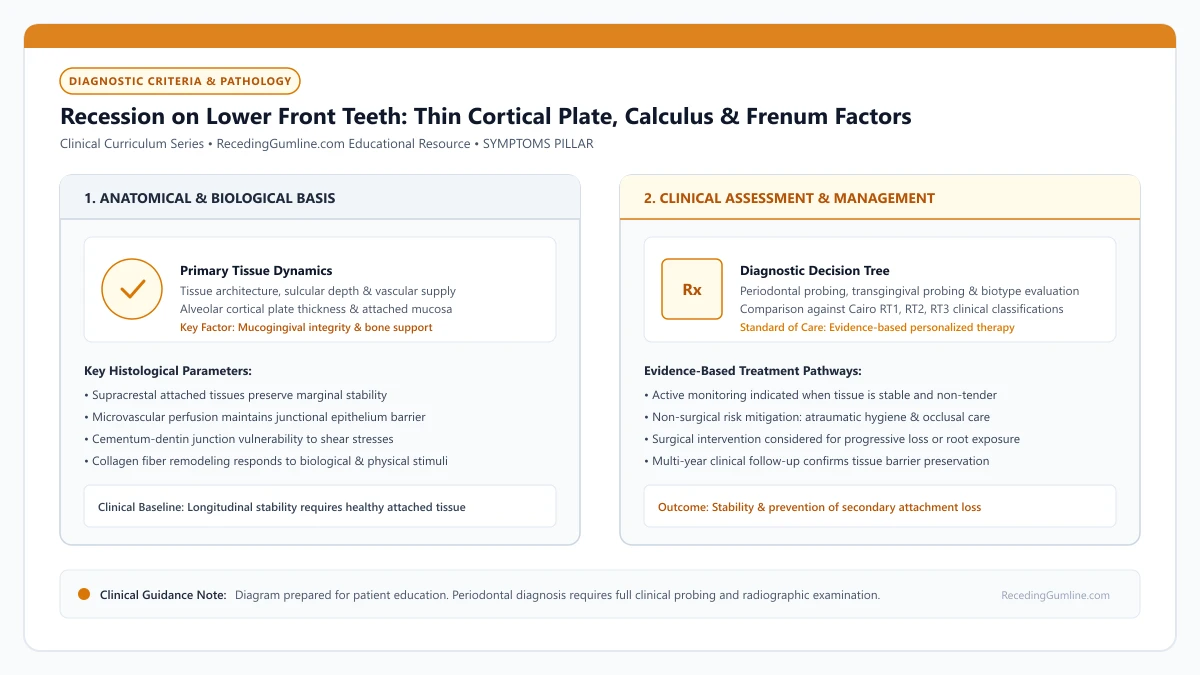 Educational diagram illustrating recession on lower front teeth: thin cortical plate, calculus & frenum factors, highlighting clinical tissue dynamics, anatomical landmarks, and evidence-based considerations.