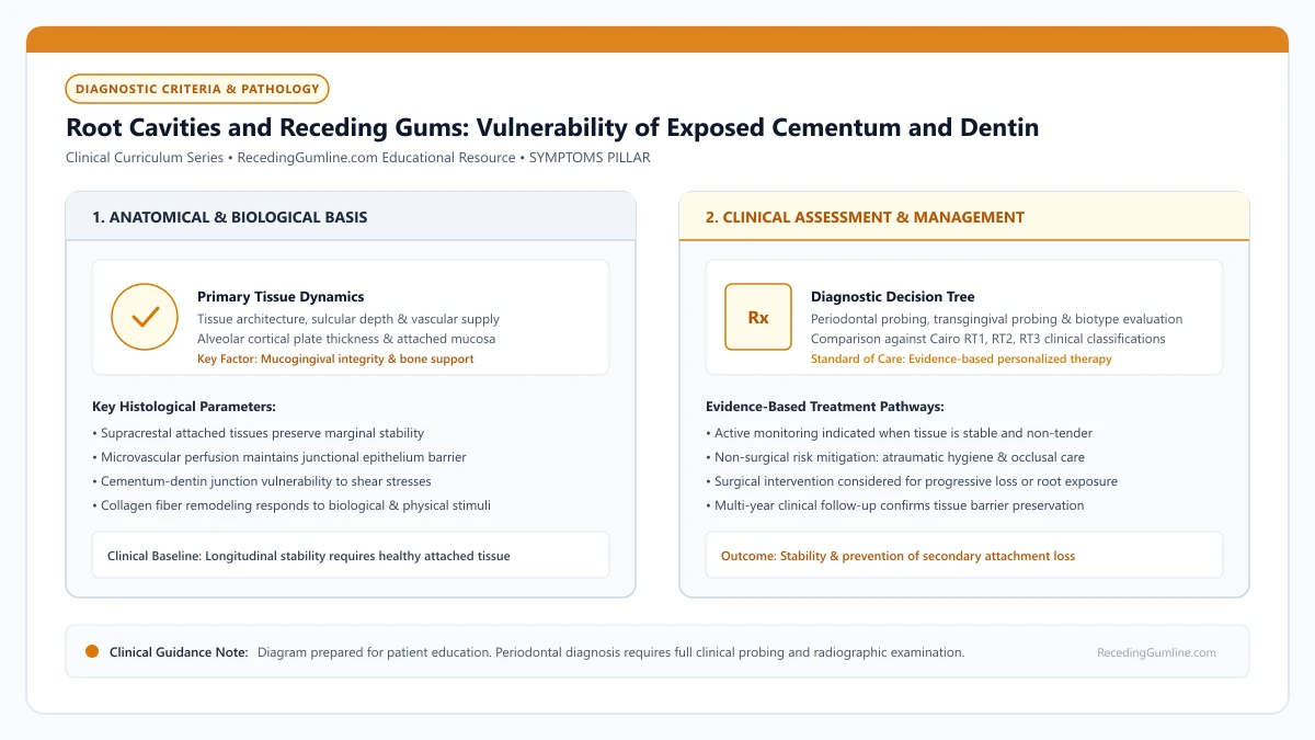 Educational diagram illustrating root cavities and receding gums: vulnerability of exposed cementum and dentin, highlighting clinical tissue dynamics, anatomical landmarks, and evidence-based considerations.
