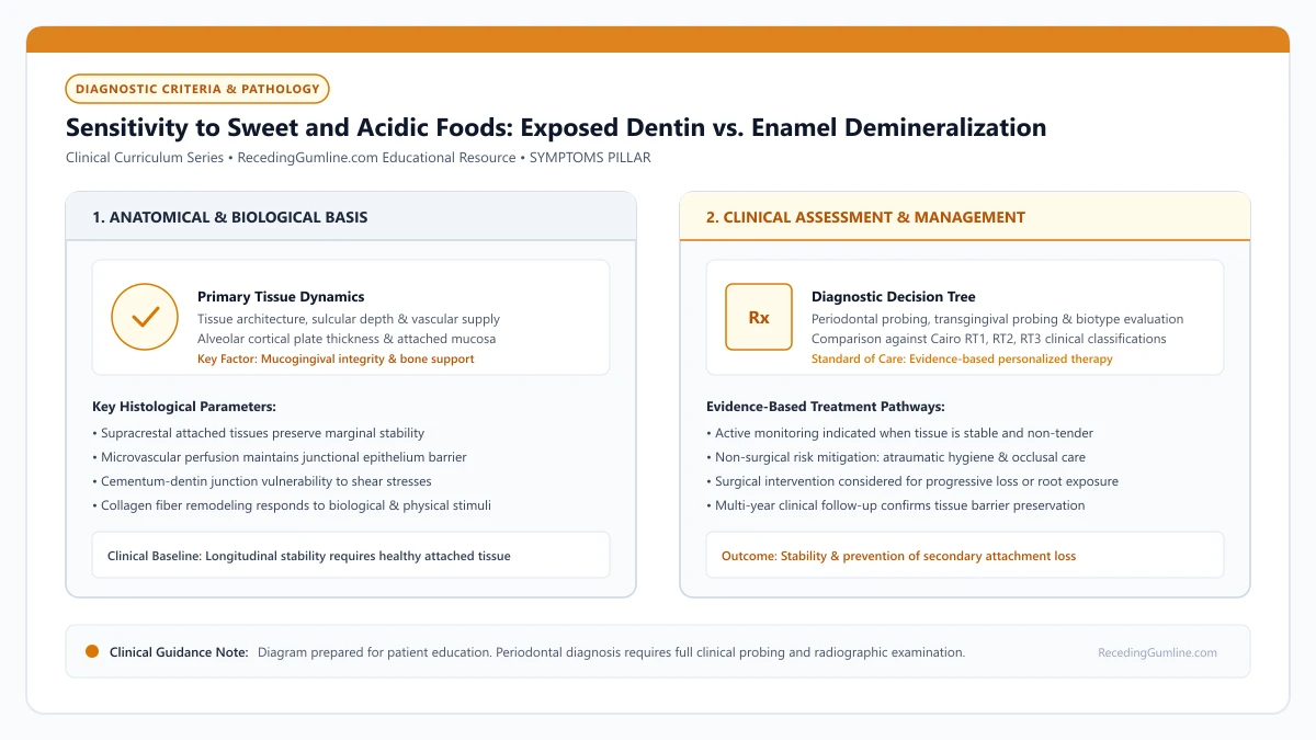 Educational diagram illustrating sensitivity to sweet and acidic foods: exposed dentin vs. enamel demineralization, highlighting clinical tissue dynamics, anatomical landmarks, and evidence-based considerations.