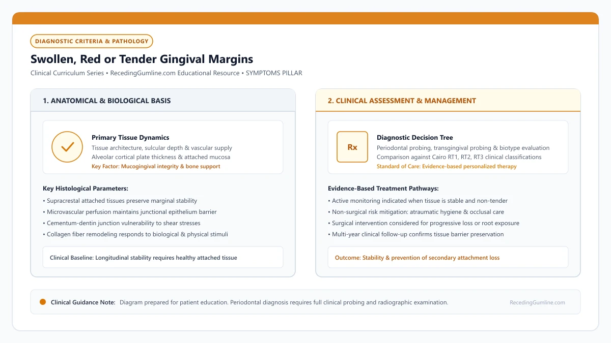 Educational diagram illustrating swollen, red or tender gingival margins, highlighting clinical tissue dynamics, anatomical landmarks, and evidence-based considerations.