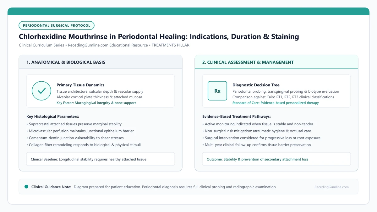 Educational diagram illustrating chlorhexidine mouthrinse in periodontal healing: indications, duration & staining, highlighting clinical tissue dynamics, anatomical landmarks, and evidence-based considerations.