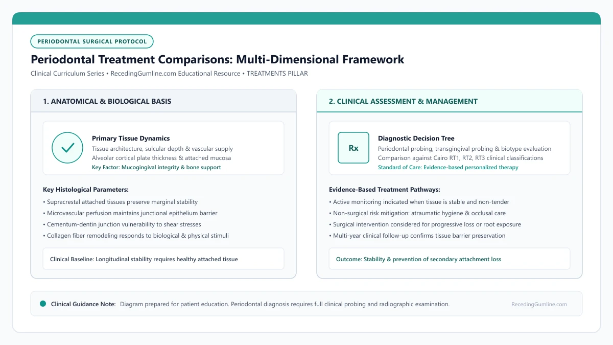 Educational diagram illustrating periodontal treatment comparisons: multi-dimensional framework, highlighting clinical tissue dynamics, anatomical landmarks, and evidence-based considerations.
