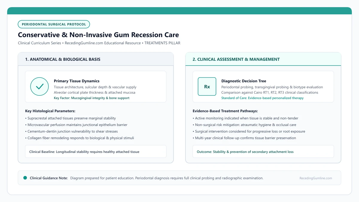 Educational diagram illustrating conservative & non-invasive gum recession care, highlighting clinical tissue dynamics, anatomical landmarks, and evidence-based considerations.