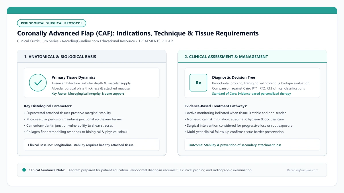 Educational diagram illustrating coronally advanced flap (caf): indications, technique & tissue requirements, highlighting clinical tissue dynamics, anatomical landmarks, and evidence-based considerations.