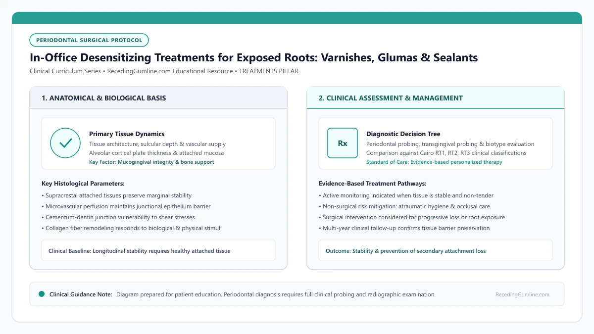 Educational diagram illustrating in-office desensitizing treatments for exposed roots: varnishes, glumas & sealants, highlighting clinical tissue dynamics, anatomical landmarks, and evidence-based considerations.
