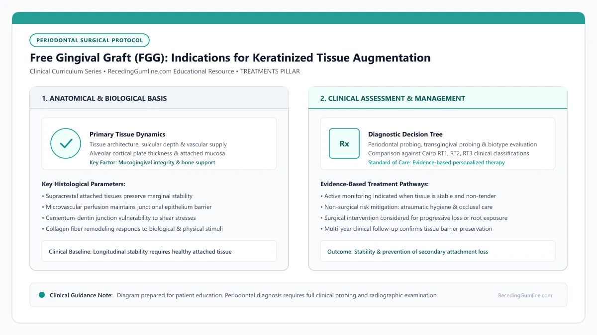 Educational diagram illustrating free gingival graft (fgg): indications for keratinized tissue augmentation, highlighting clinical tissue dynamics, anatomical landmarks, and evidence-based considerations.
