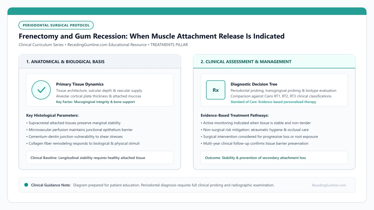 Educational diagram illustrating frenectomy and gum recession: when muscle attachment release is indicated, highlighting clinical tissue dynamics, anatomical landmarks, and evidence-based considerations.