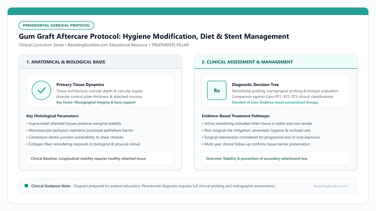 Educational diagram illustrating gum graft aftercare protocol: hygiene modification, diet & stent management, highlighting clinical tissue dynamics, anatomical landmarks, and evidence-based considerations.