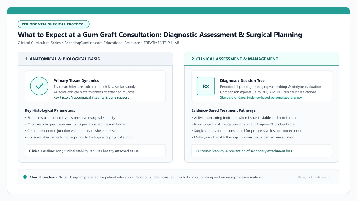 Educational diagram illustrating what to expect at a gum graft consultation: diagnostic assessment & surgical planning, highlighting clinical tissue dynamics, anatomical landmarks, and evidence-based considerations.