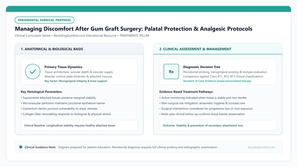 Educational diagram illustrating managing discomfort after gum graft surgery: palatal protection & analgesic protocols, highlighting clinical tissue dynamics, anatomical landmarks, and evidence-based considerations.
