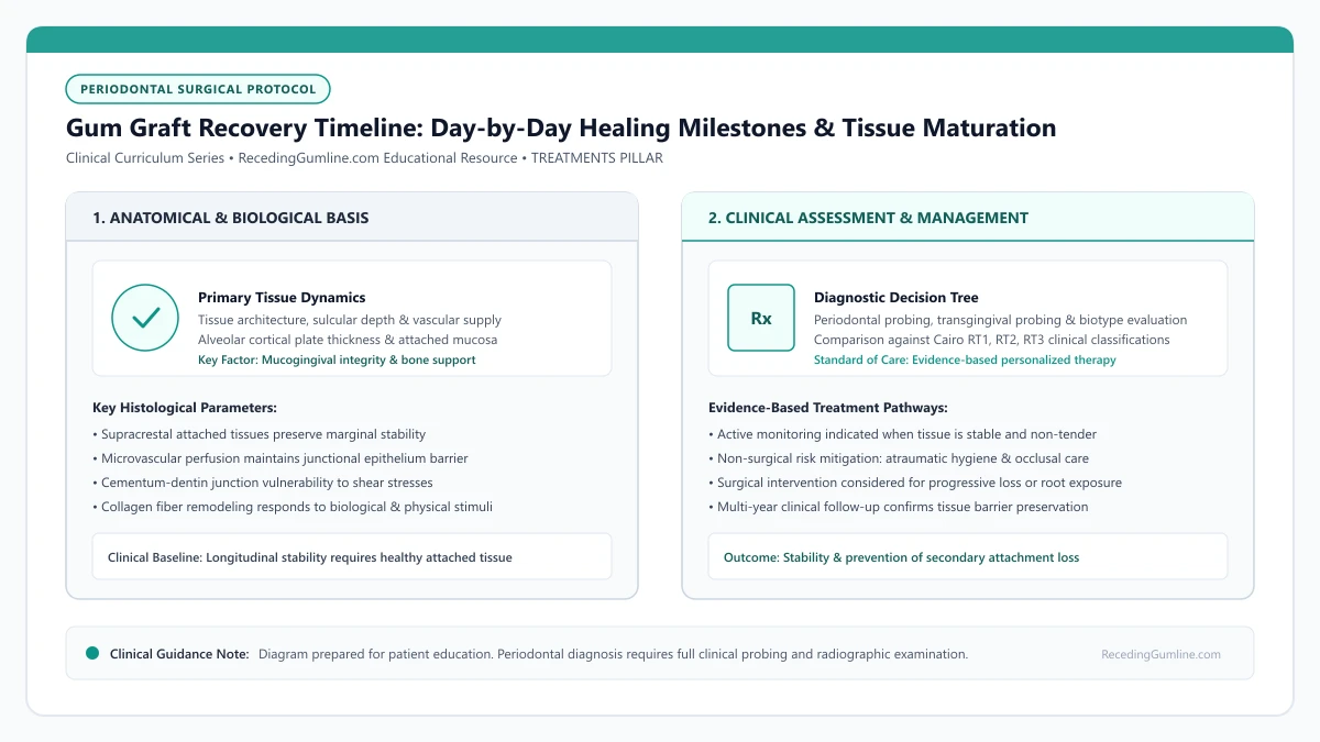 Educational diagram illustrating gum graft recovery timeline: day-by-day healing milestones & tissue maturation, highlighting clinical tissue dynamics, anatomical landmarks, and evidence-based considerations.