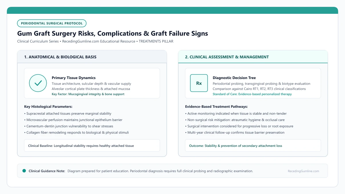 Educational diagram illustrating gum graft surgery risks, complications & graft failure signs, highlighting clinical tissue dynamics, anatomical landmarks, and evidence-based considerations.