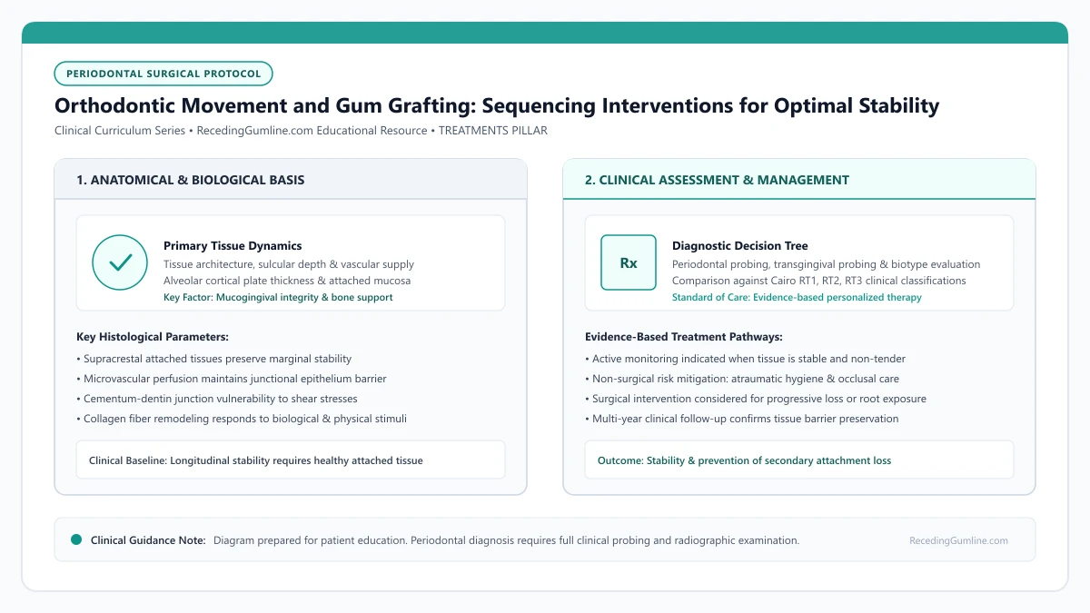 Educational diagram illustrating orthodontic movement and gum grafting: sequencing interventions for optimal stability, highlighting clinical tissue dynamics, anatomical landmarks, and evidence-based considerations.