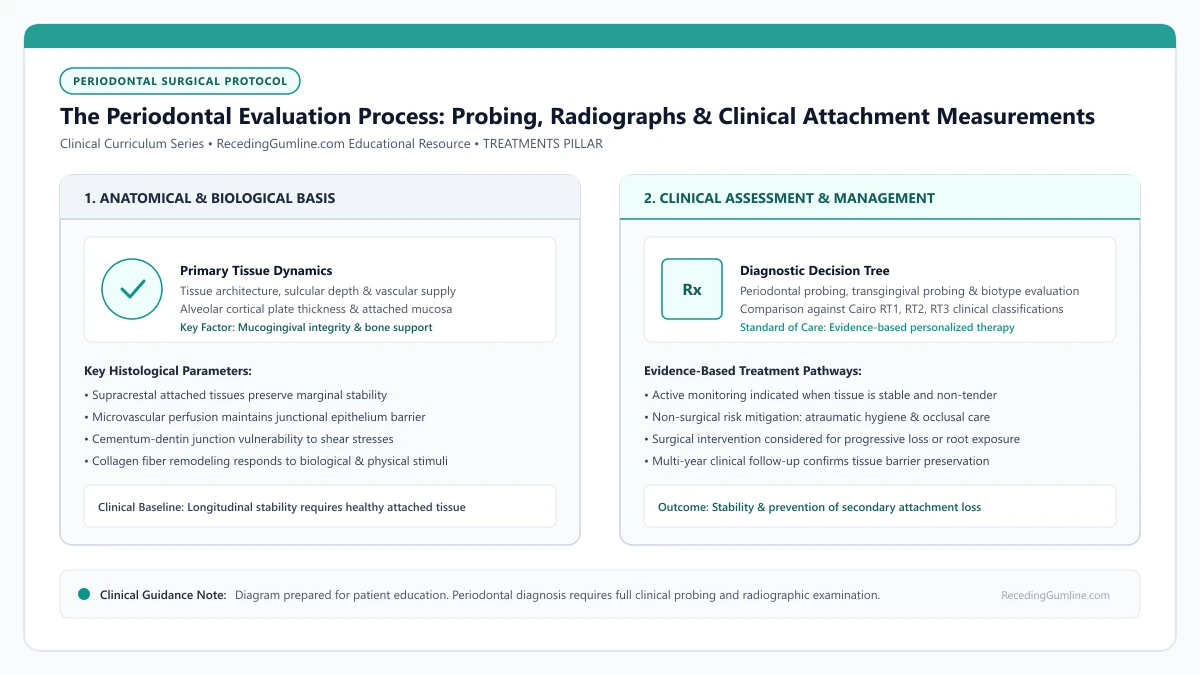 Educational diagram illustrating the periodontal evaluation process: probing, radiographs & clinical attachment measurements, highlighting clinical tissue dynamics, anatomical landmarks, and evidence-based considerations.
