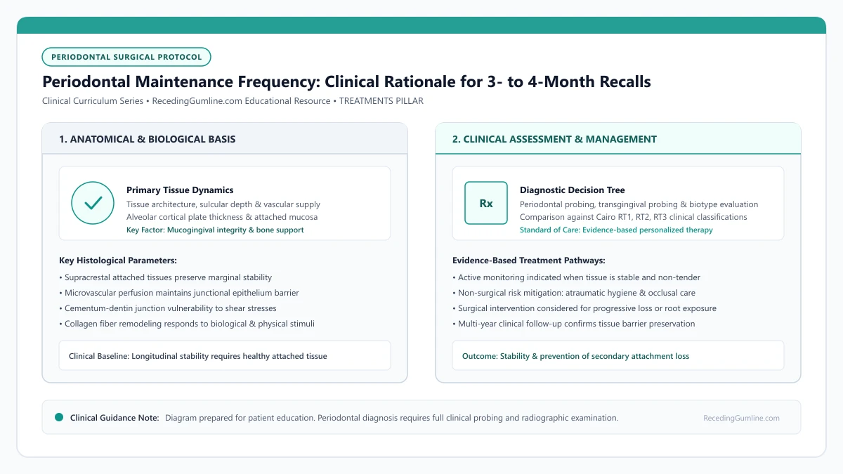 Educational diagram illustrating periodontal maintenance frequency: clinical rationale for 3- to 4-month recalls, highlighting clinical tissue dynamics, anatomical landmarks, and evidence-based considerations.