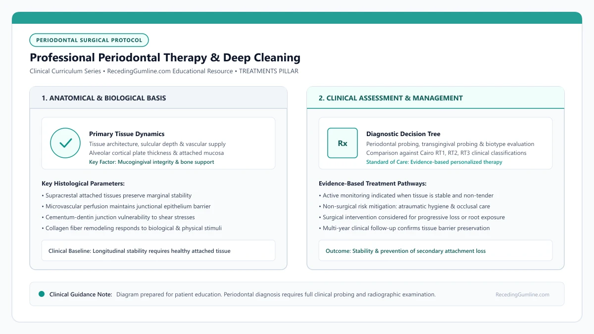 Educational diagram illustrating professional periodontal therapy & deep cleaning, highlighting clinical tissue dynamics, anatomical landmarks, and evidence-based considerations.