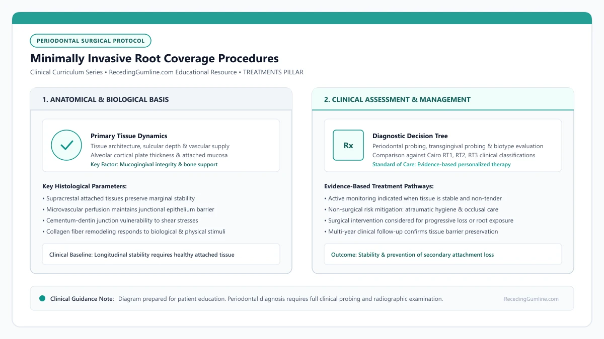 Educational diagram illustrating minimally invasive root coverage procedures, highlighting clinical tissue dynamics, anatomical landmarks, and evidence-based considerations.