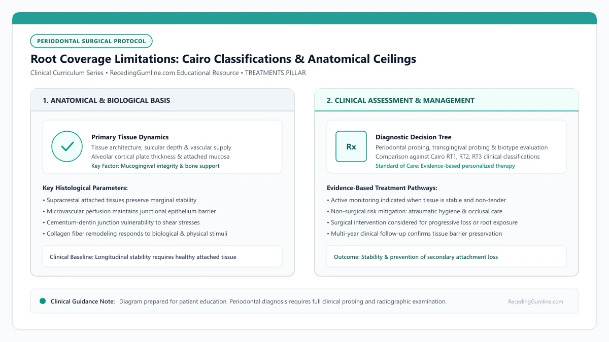 Educational diagram illustrating root coverage limitations: cairo classifications & anatomical ceilings, highlighting clinical tissue dynamics, anatomical landmarks, and evidence-based considerations.