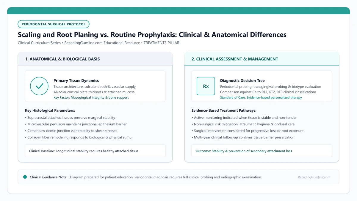 Educational diagram illustrating scaling and root planing vs. routine prophylaxis: clinical & anatomical differences, highlighting clinical tissue dynamics, anatomical landmarks, and evidence-based considerations.