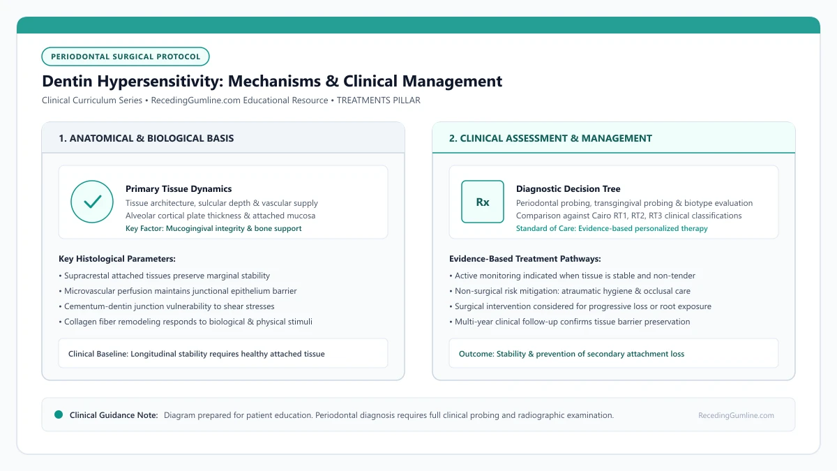 Educational diagram illustrating dentin hypersensitivity: mechanisms & clinical management, highlighting clinical tissue dynamics, anatomical landmarks, and evidence-based considerations.